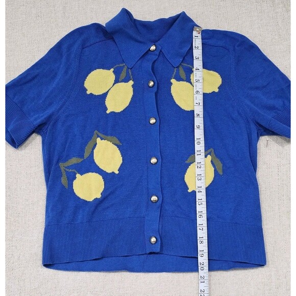 Free Assembly Women's Collared Cardigan Sweater Medium Multi Lemon Ultra Blue - Picture 4 of 6